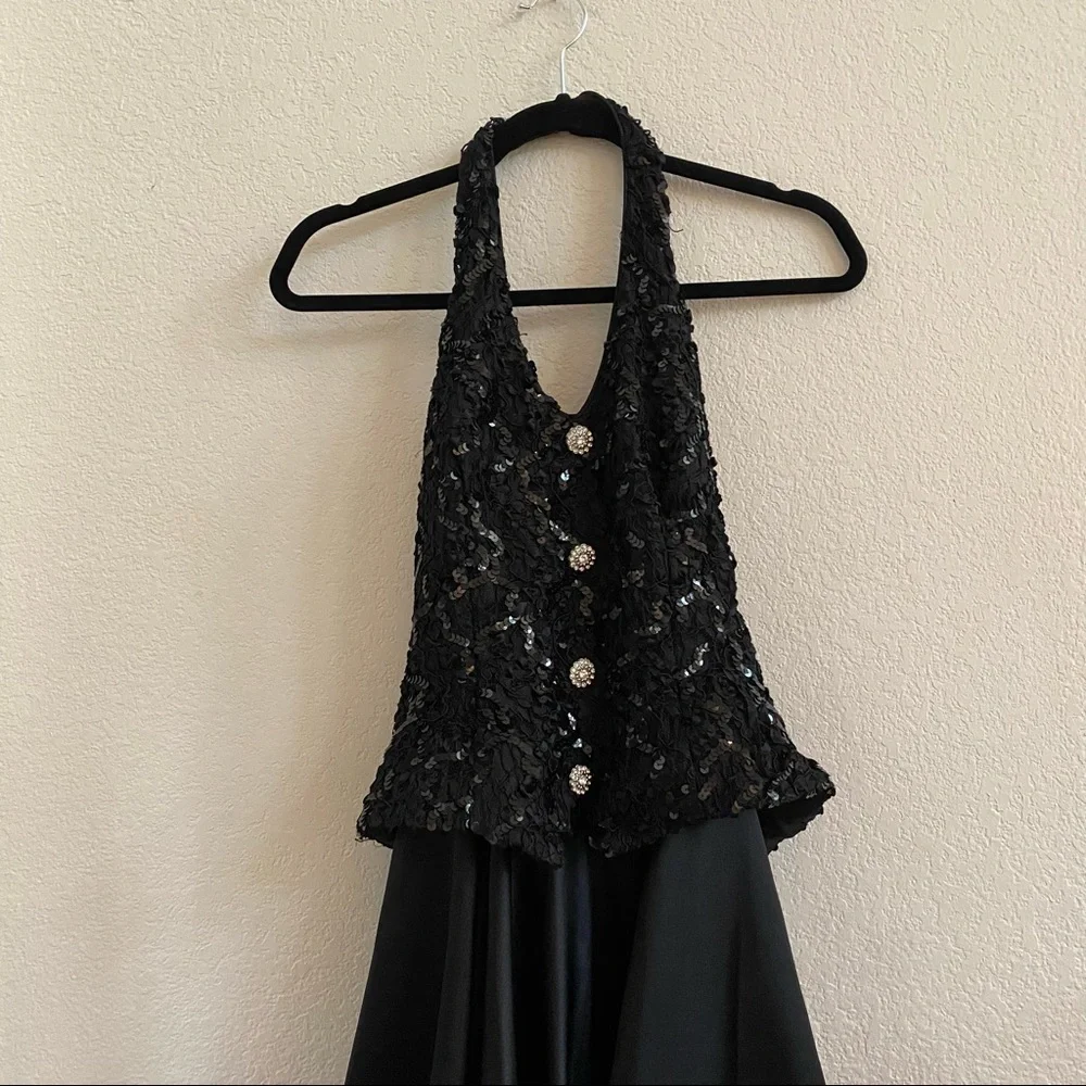 Bari Jay Black Sequin Satin Tulle Petticoat Diamond Button Formal Gown Dress 3/4 - Picture 7 of 12
